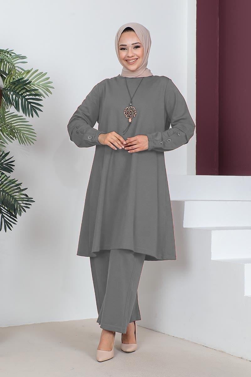 Büyük Beden Double Örme Takım Gri