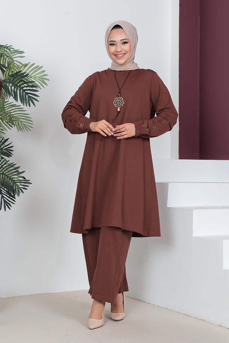 Büyük Beden Double Örme Takım Kahverengi