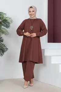Büyük Beden Double Örme Takım Kahverengi