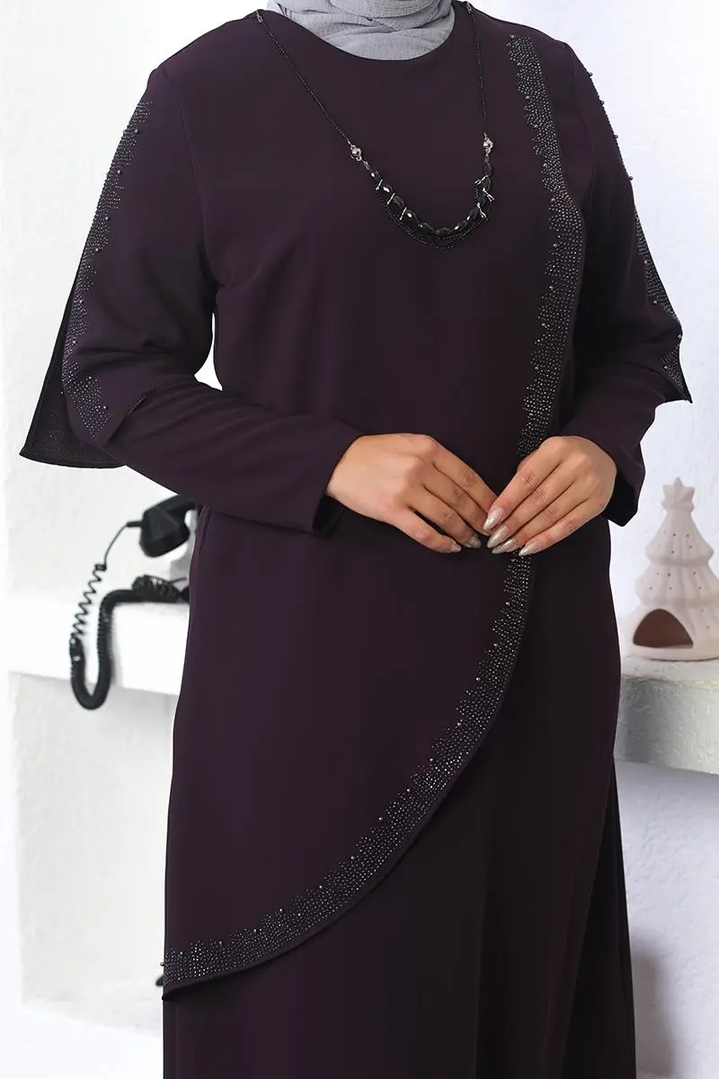 Plus Size Hijab Evening Dress With Necklace-detail