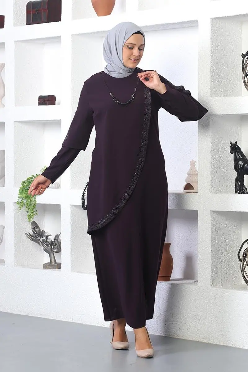 Plus Size Hijab Evening Dress With Necklace-detail