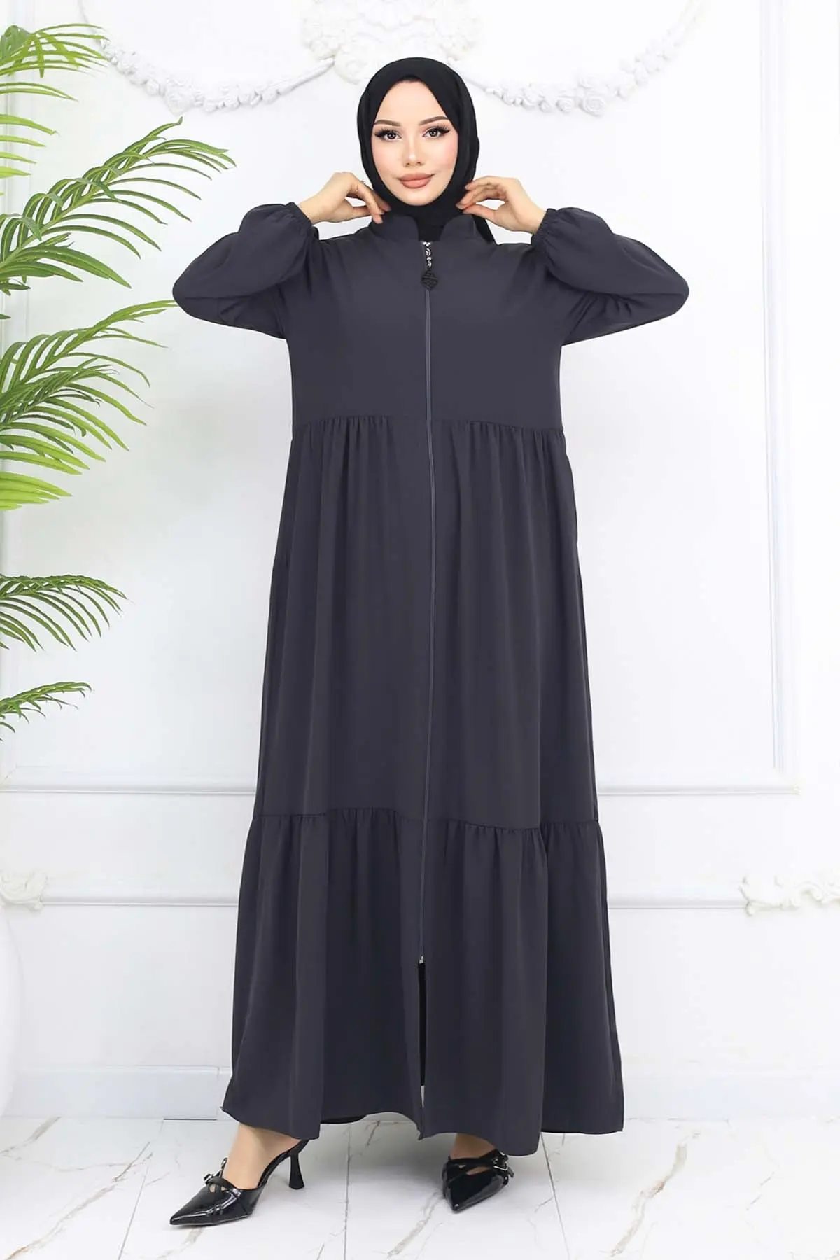 Büzgü Detaylı Fermuarlı Ferace Antrasit 1008-detail