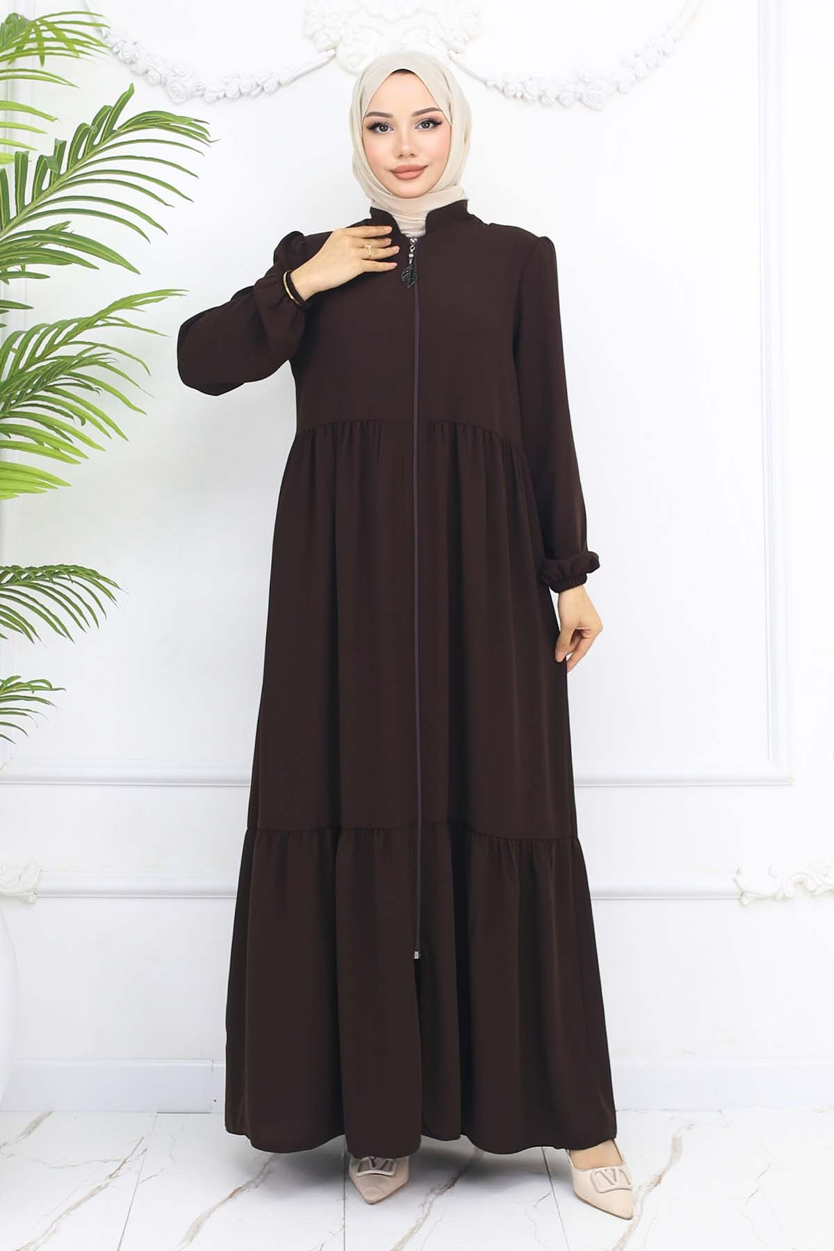Zippered Abaya With Gathered Detail