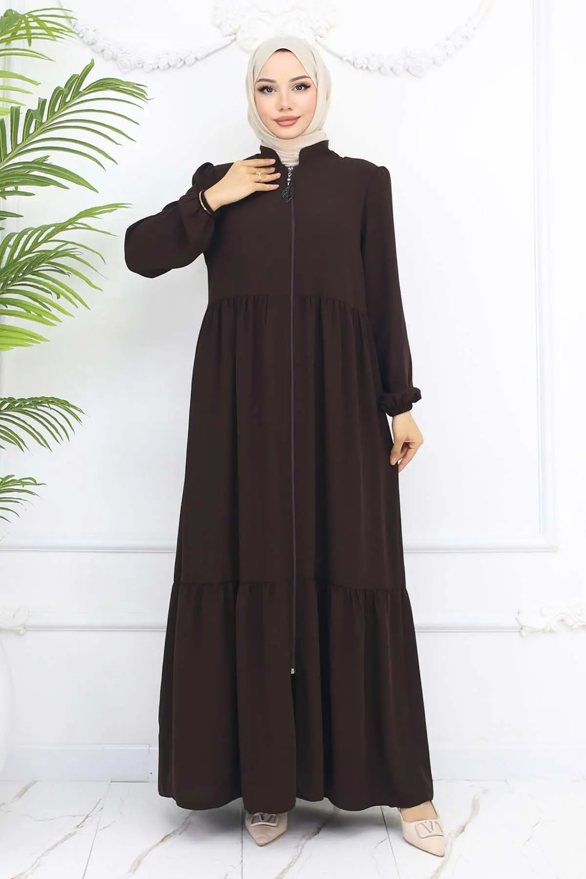 Zippered Abaya With Gathered Detail