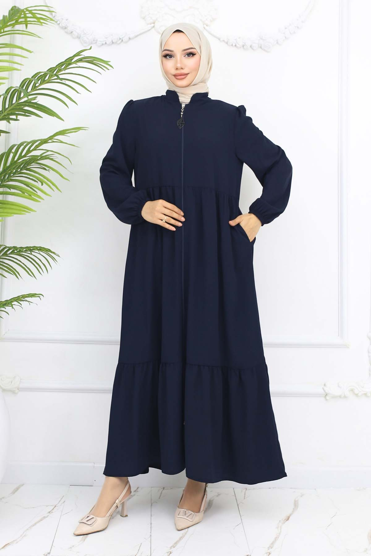 Zippered Abaya With Gathered Detail