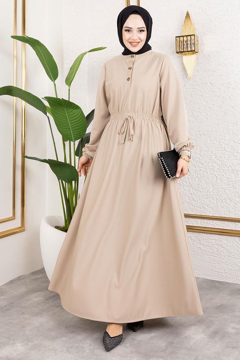 Bade Büzgülü Elbise Bej