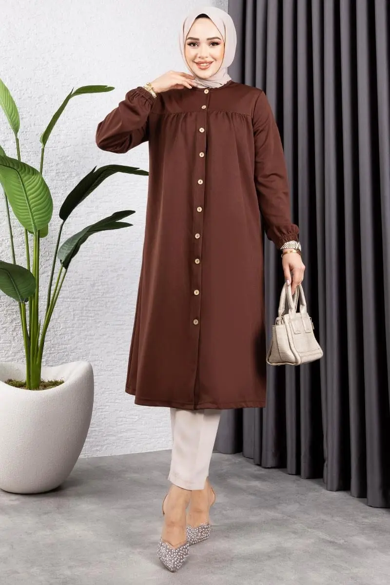 Büzgülü Tesettür Tunik Kahverengi-detail