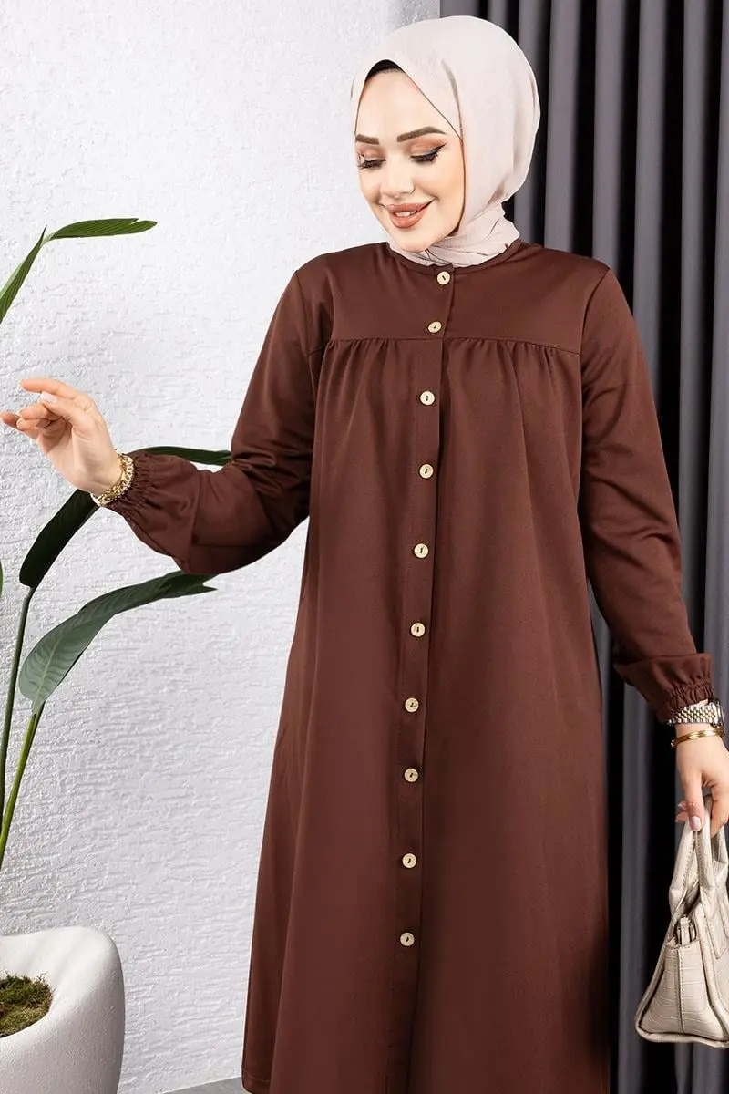 Büzgülü Tesettür Tunik Kahverengi-detail