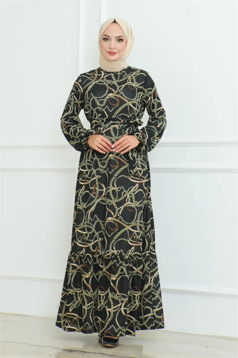 Büzgülü Zincir Desenli Elbise Siyah-detail