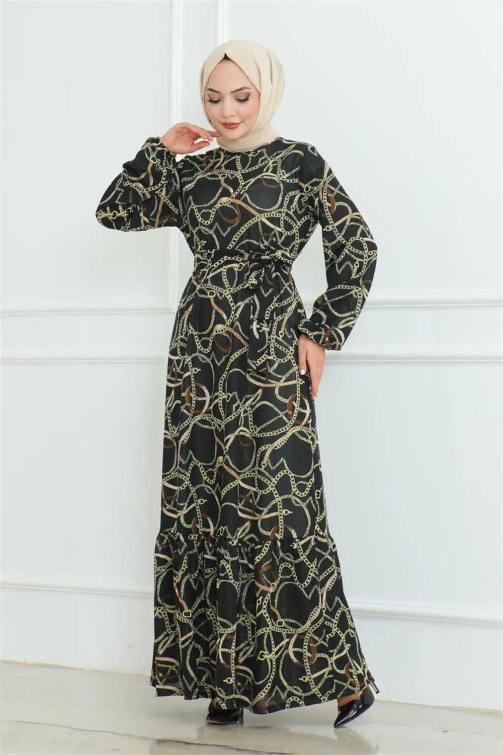 Büzgülü Zincir Desenli Elbise Siyah-detail