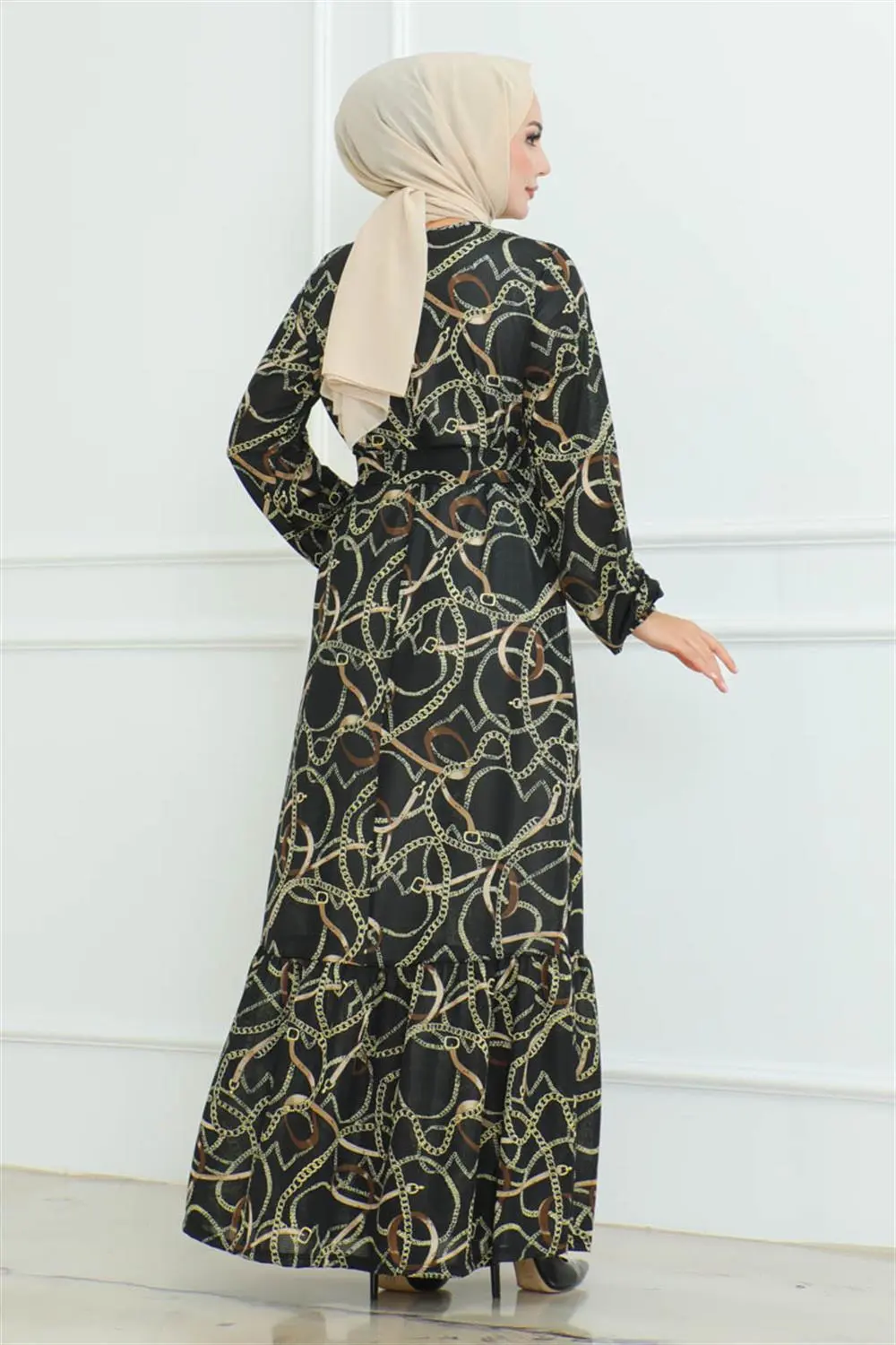 Büzgülü Zincir Desenli Elbise Siyah-detail