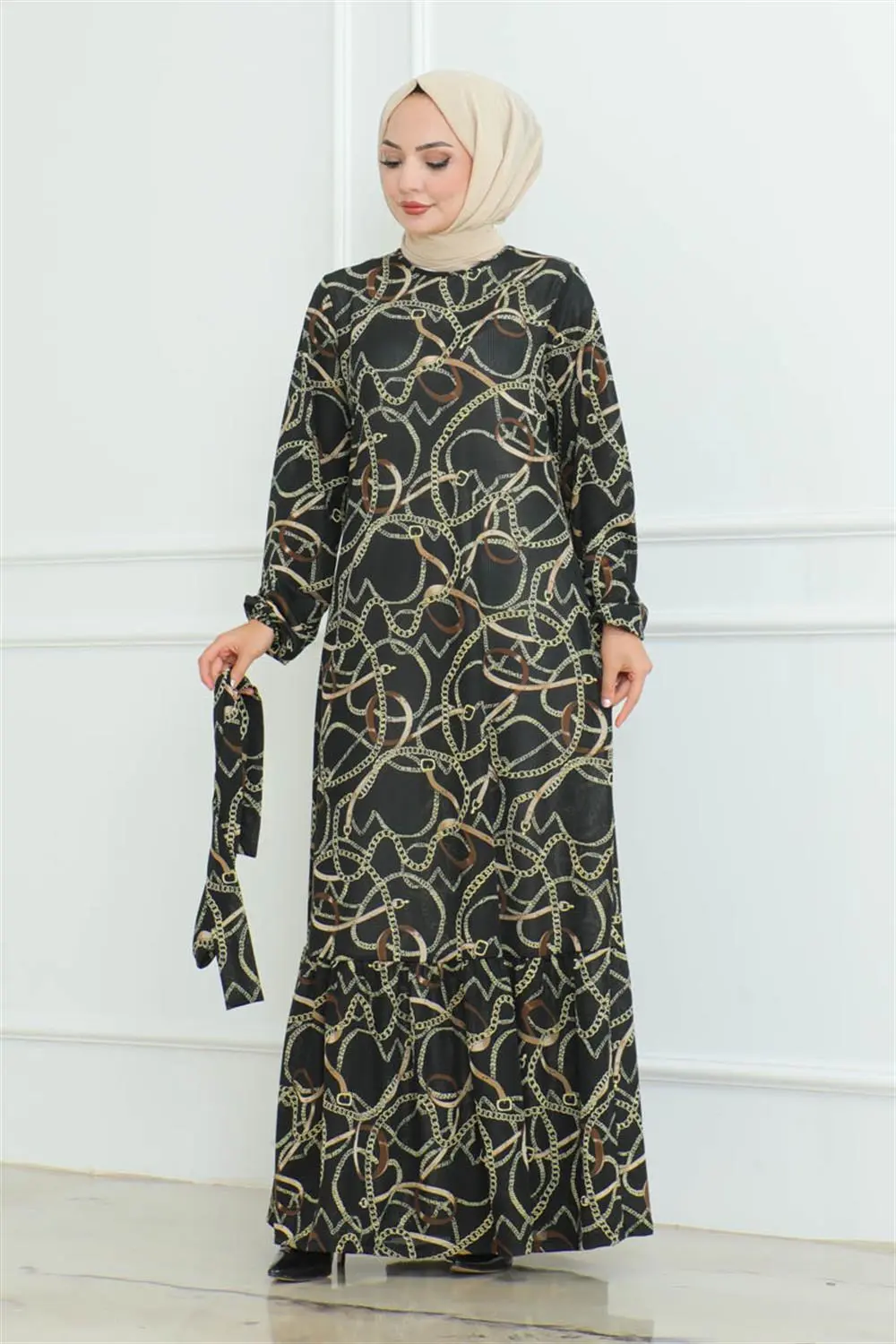 Büzgülü Zincir Desenli Elbise Siyah-detail