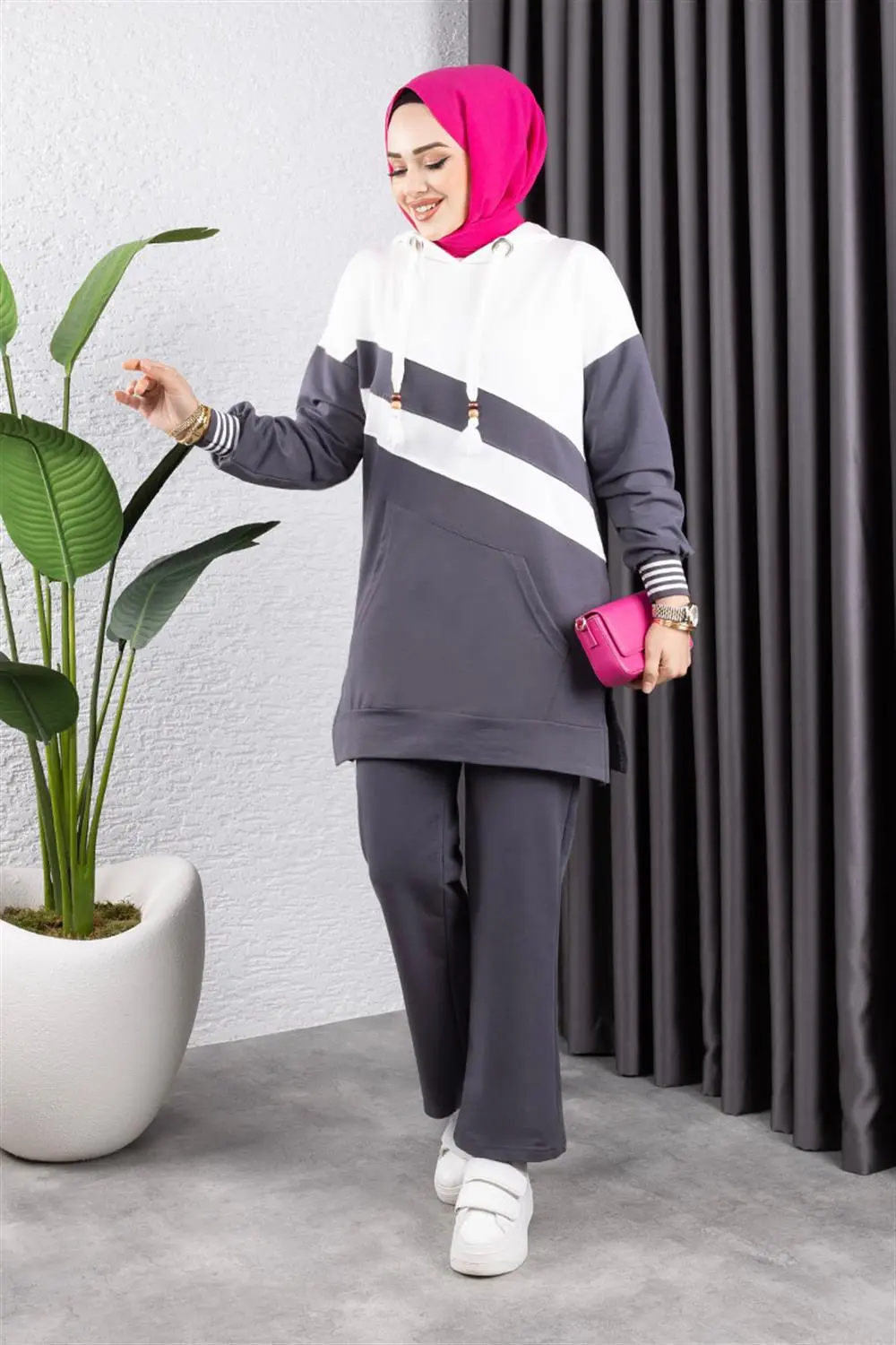 Çapraz Garnili Ribanalı Spor Takım Antrasit Ekru-detail