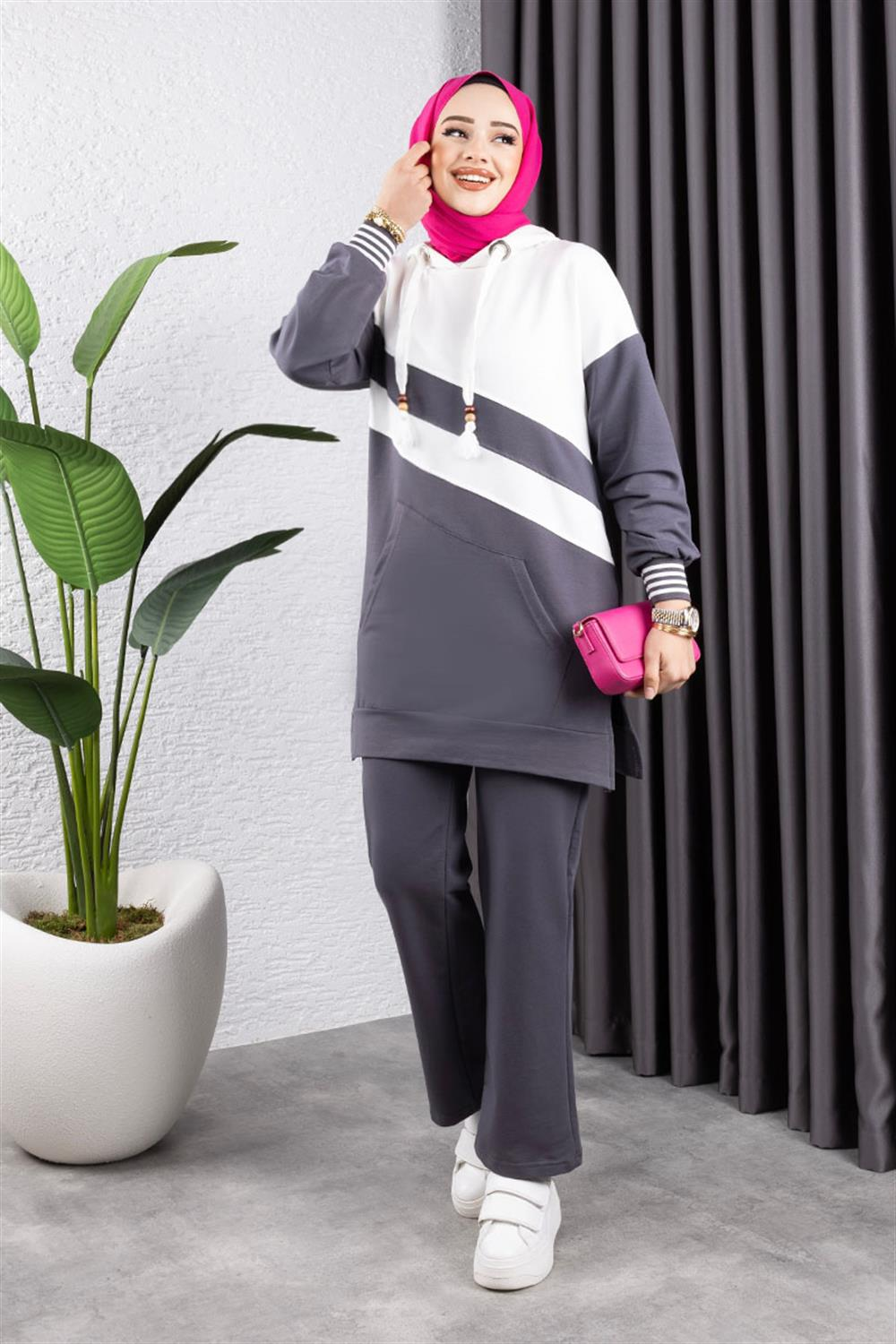 Çapraz Garnili Ribanalı Spor Takım Antrasit Ekru