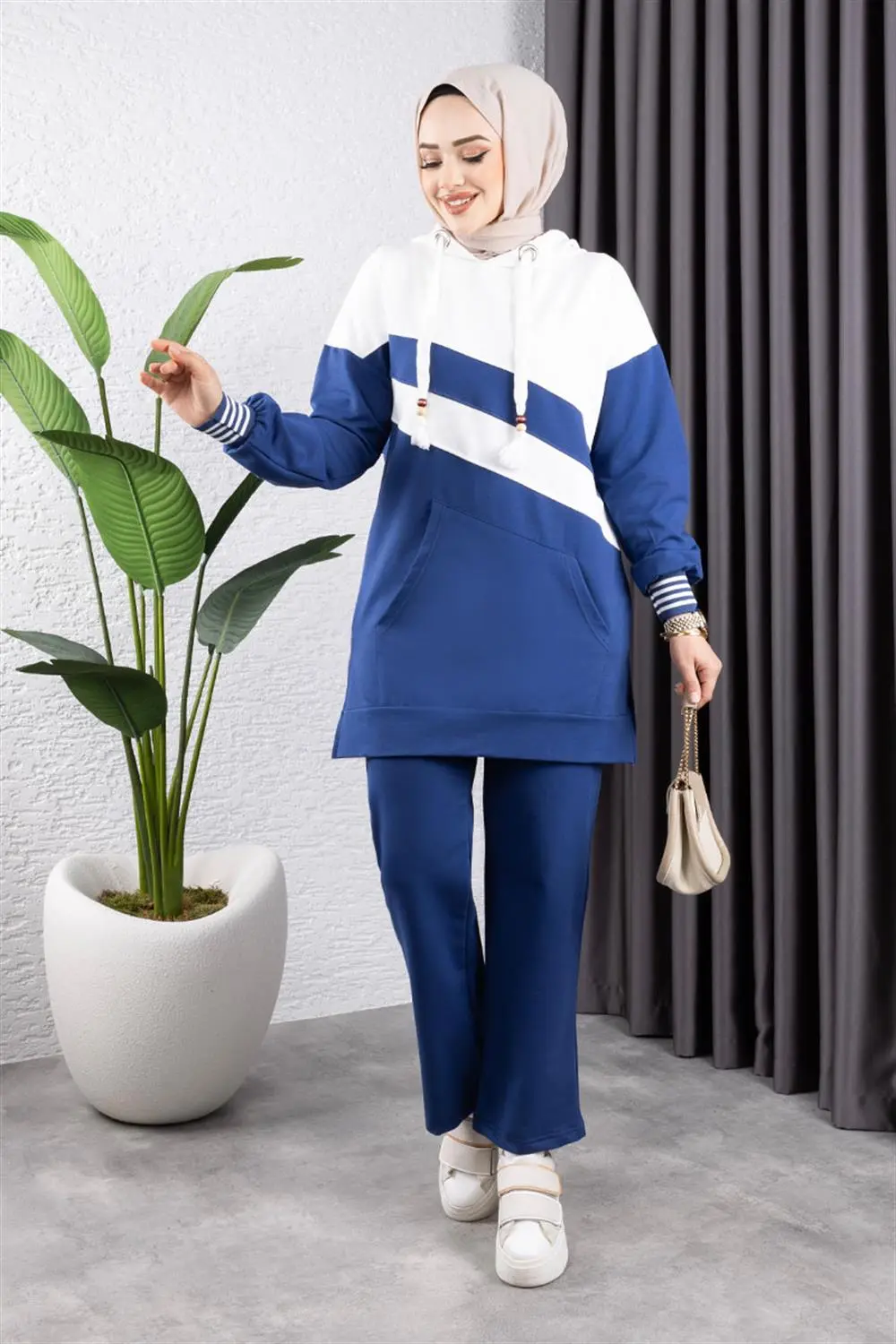 Çapraz Garnili Ribanalı Spor Takım Indigo Ekru-detail