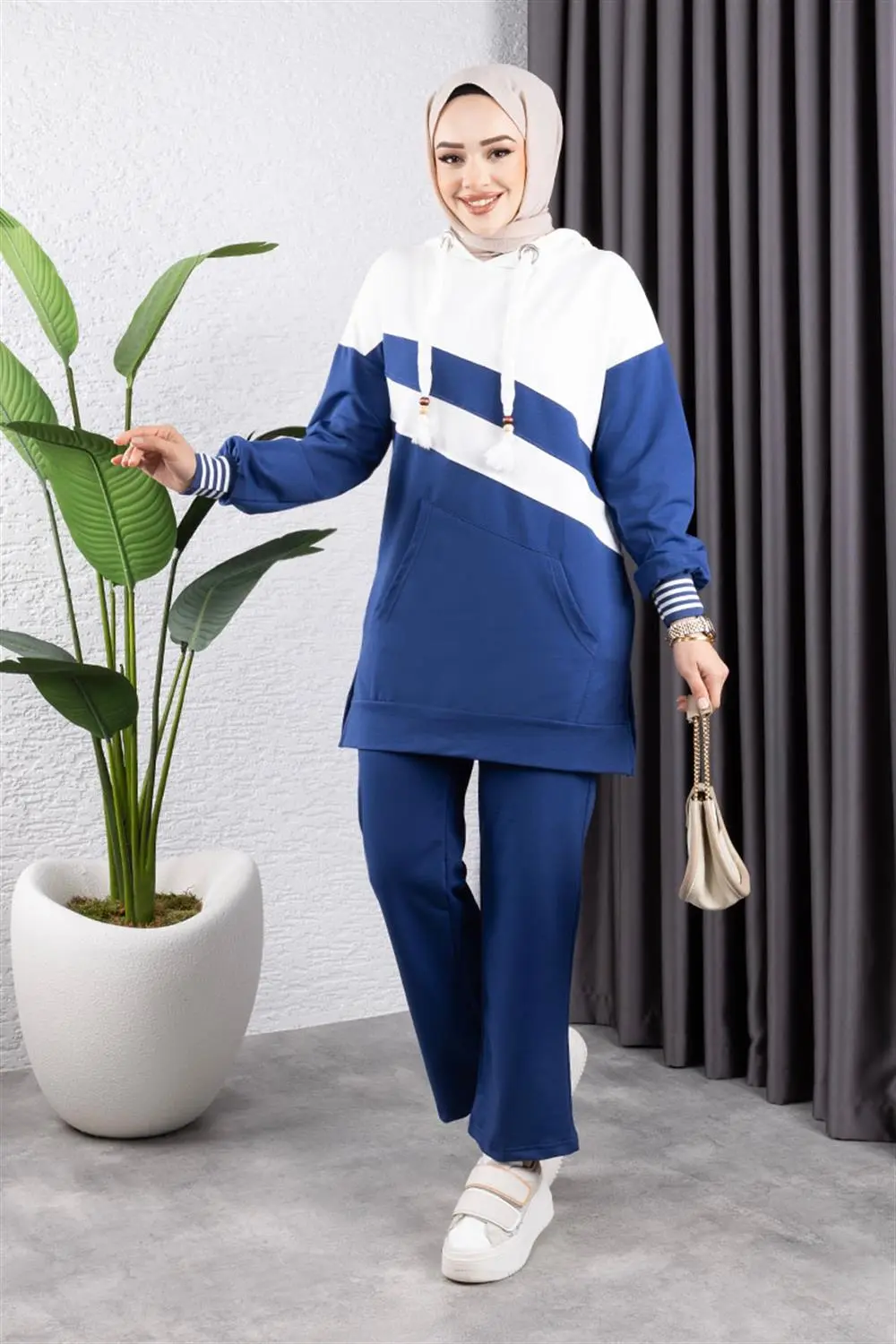 Çapraz Garnili Ribanalı Spor Takım Indigo Ekru-detail