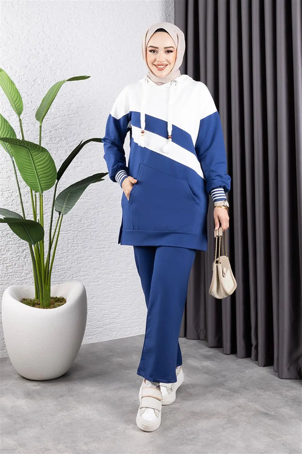 Çapraz Garnili Ribanalı Spor Takım Indigo Ekru-detail