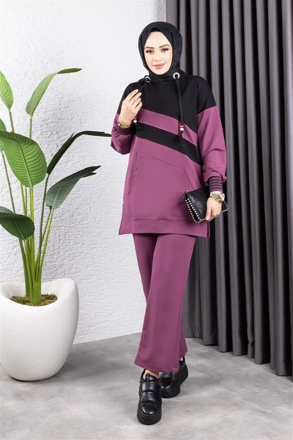 Çapraz Garnili Ribanalı Spor Takım Koyu Lila Siyah-detail