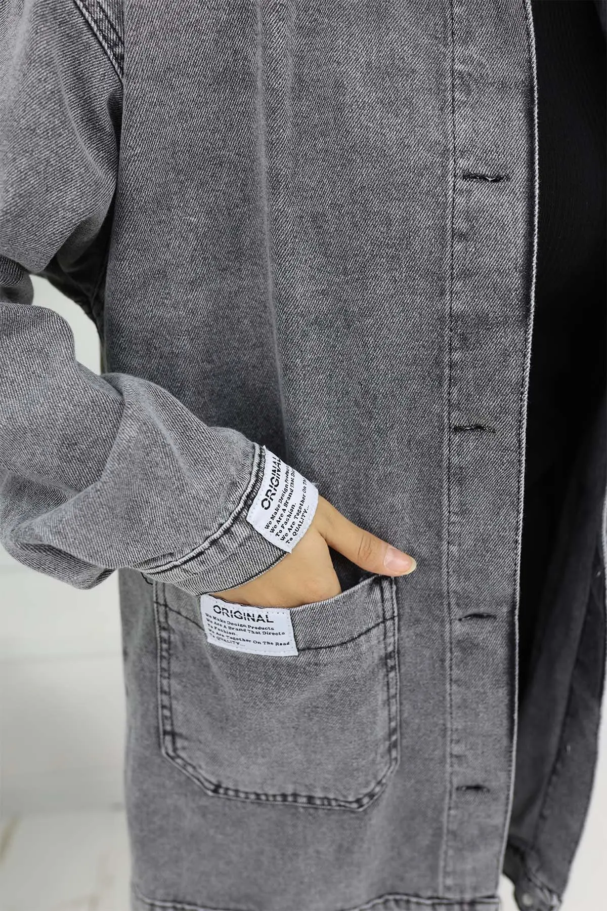 Cep Detaylı Tesettür Kot Ceket Gri 702-detail