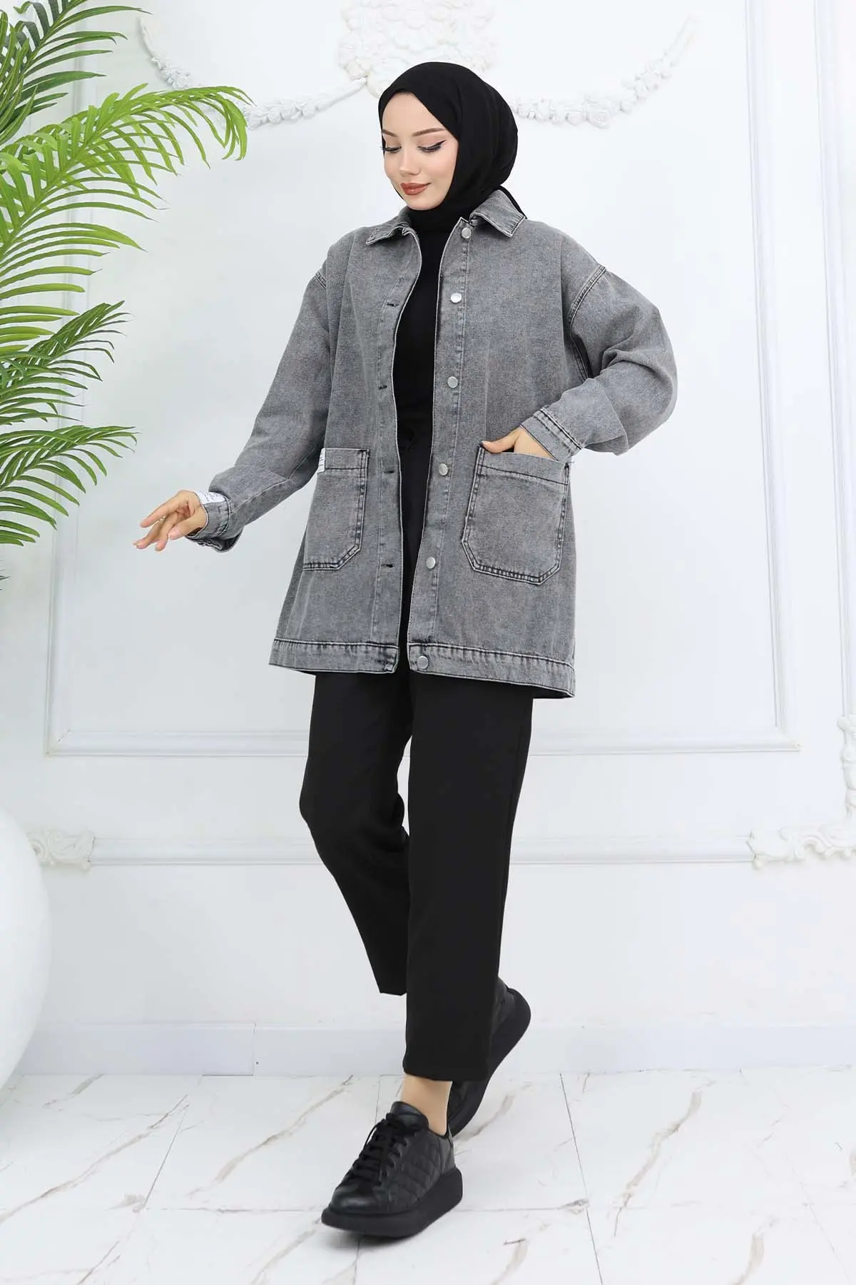 Cep Detaylı Tesettür Kot Ceket Gri 702-detail
