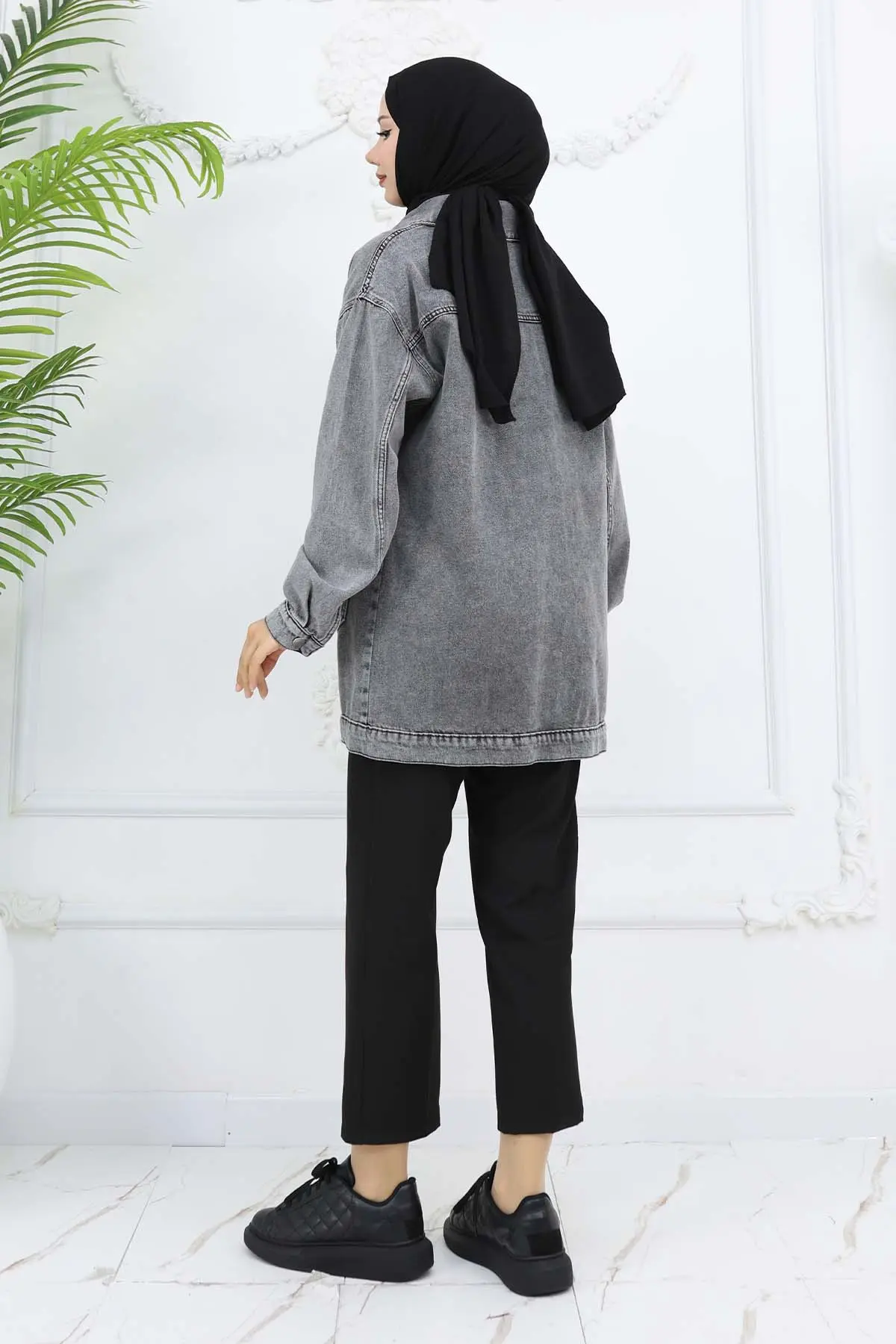 Cep Detaylı Tesettür Kot Ceket Gri 702-detail