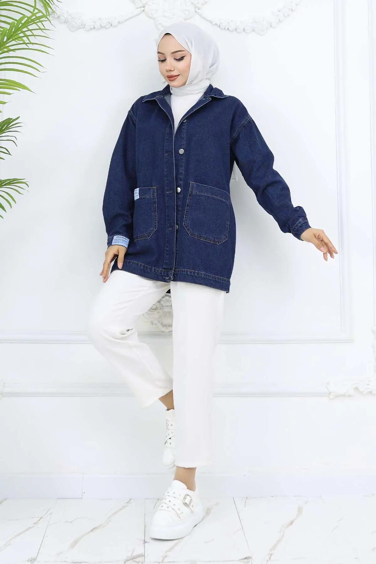 Cep Detaylı Tesettür Kot Ceket Lacivert 702-detail