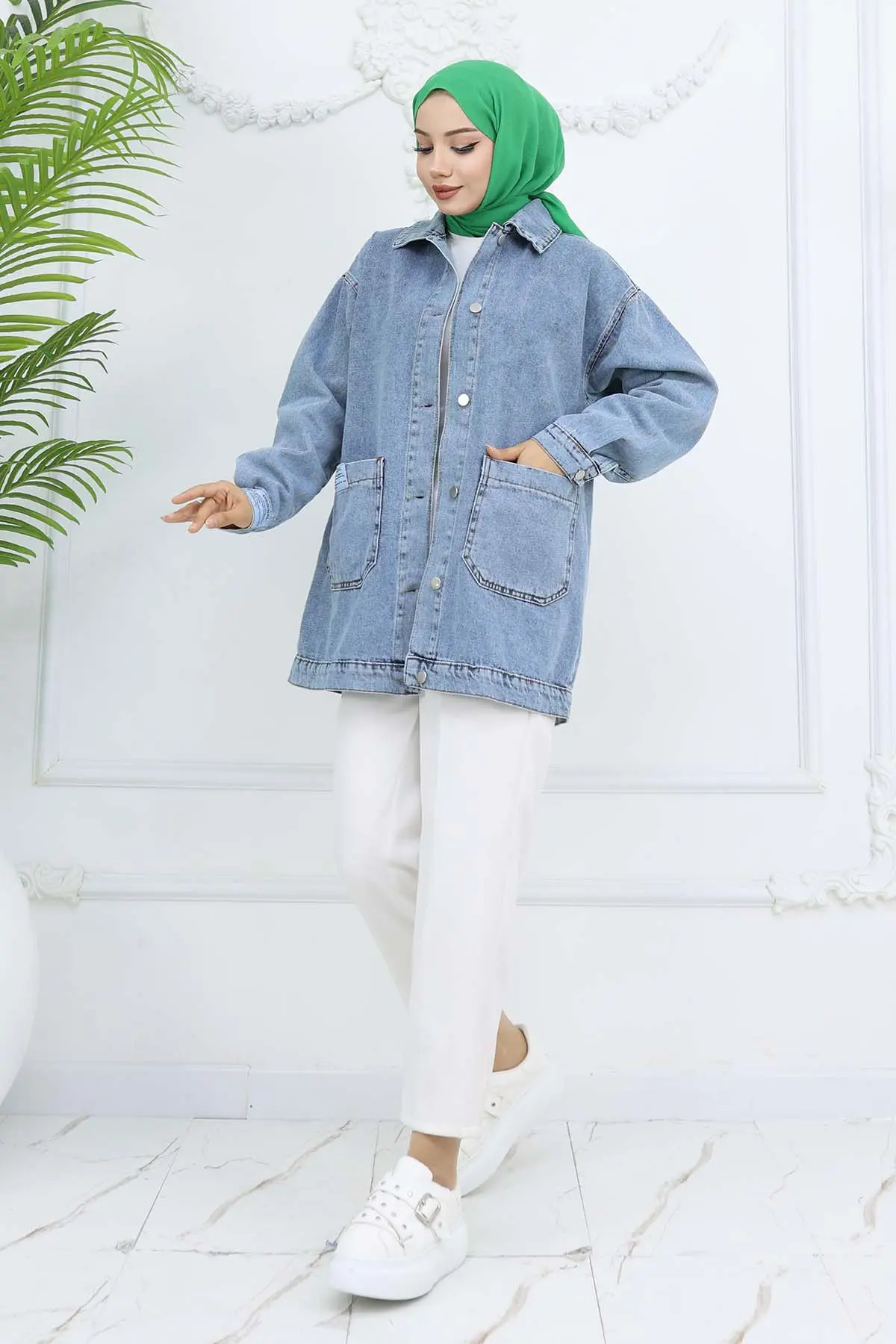 Cep Detaylı Tesettür Kot Ceket Mavi 702-detail