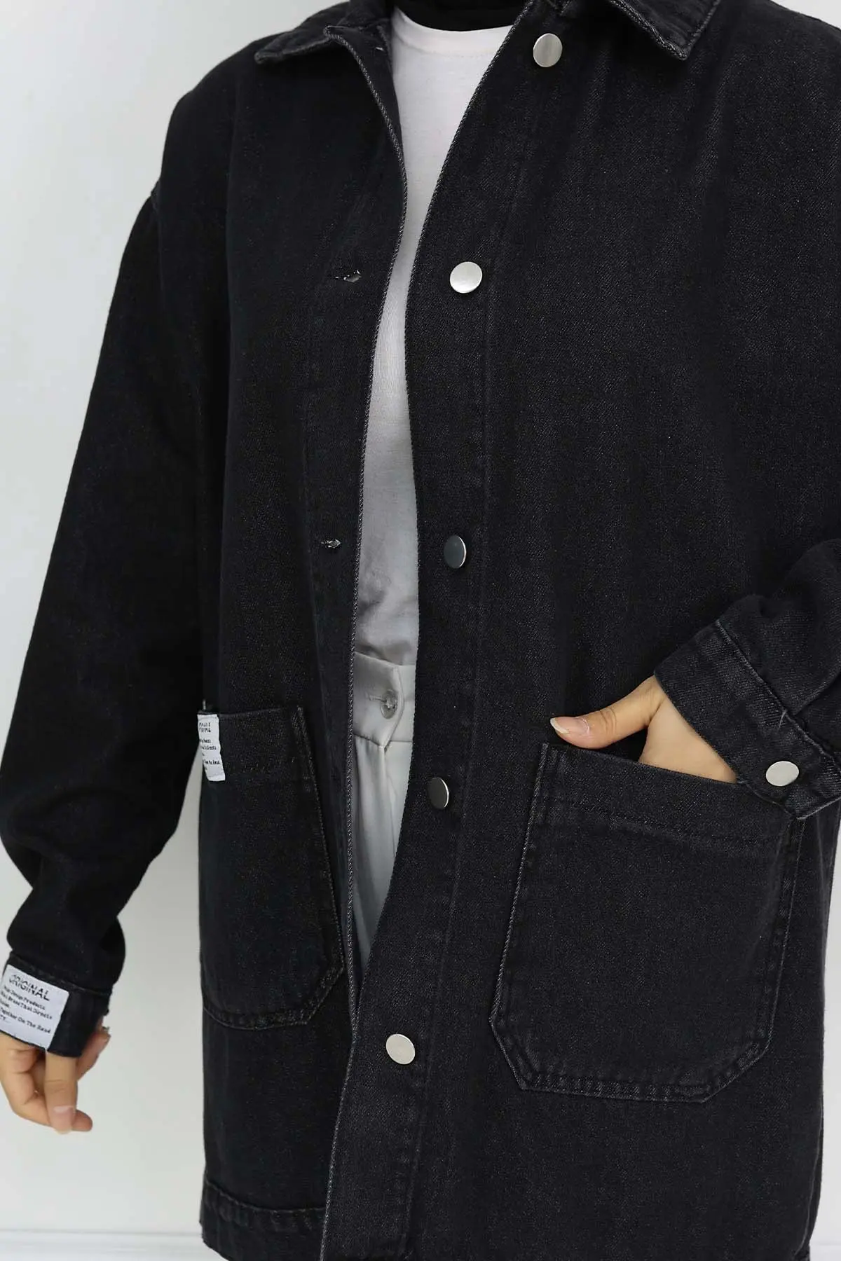 Cep Detaylı Tesettür Kot Ceket Siyah 702-detail