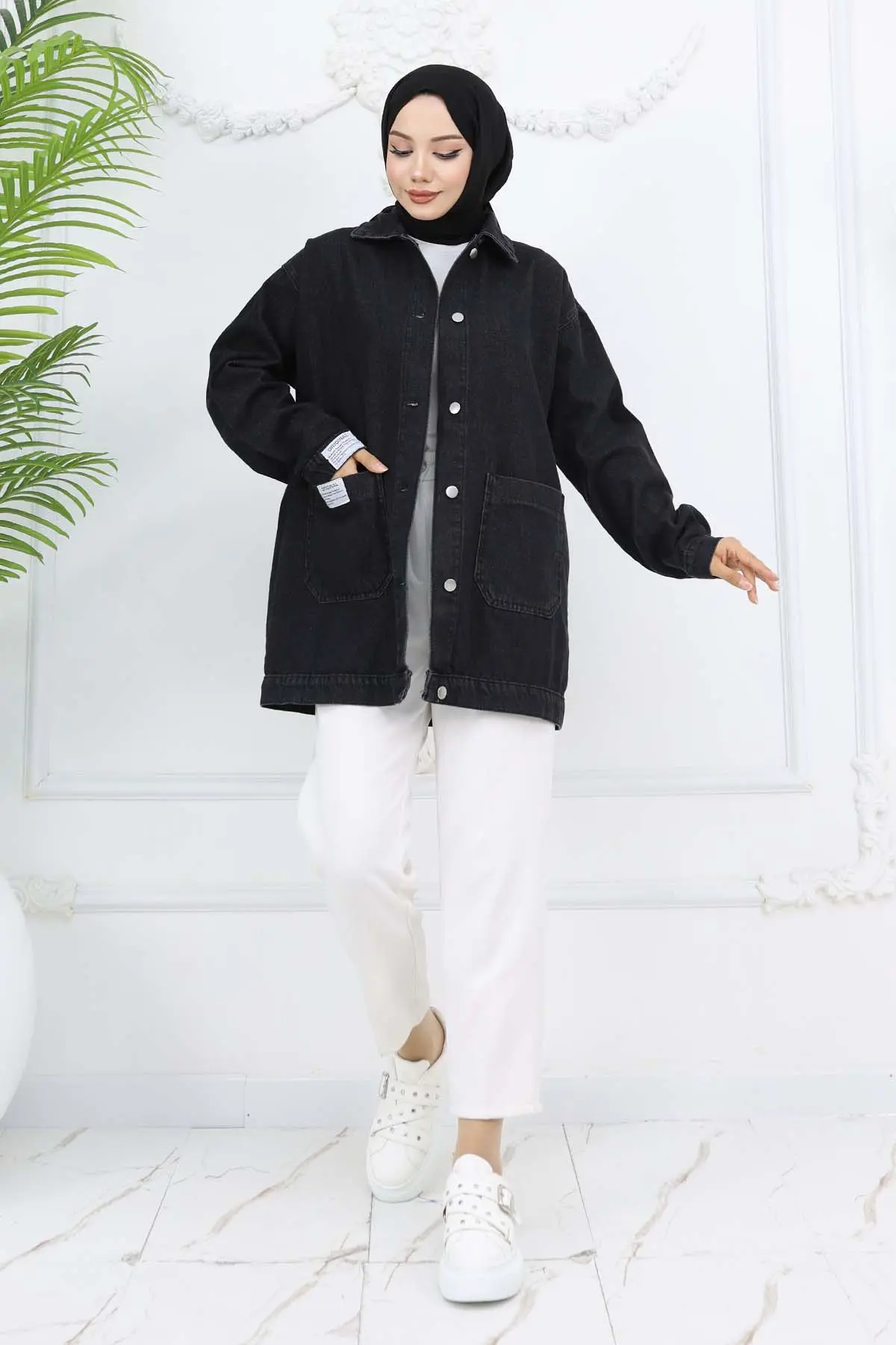Cep Detaylı Tesettür Kot Ceket Siyah 702-detail
