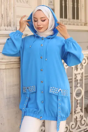 Cepleri Taş Detaylı Düğmeli Kısa Kap