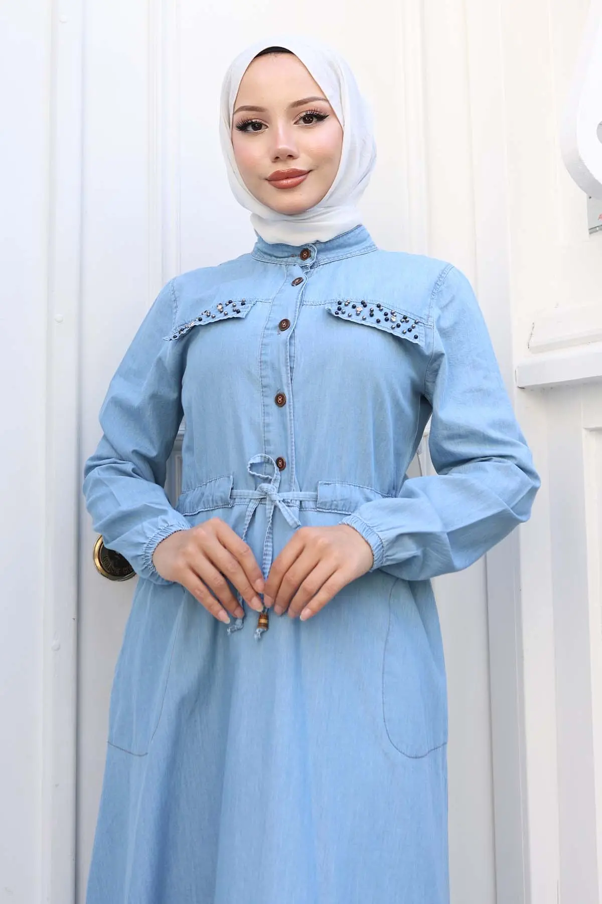 Denim Dress With Stone Detailed Pockets-detail