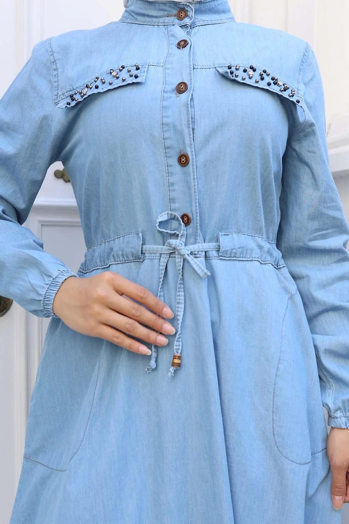 Denim Dress With Stone Detailed Pockets-detail