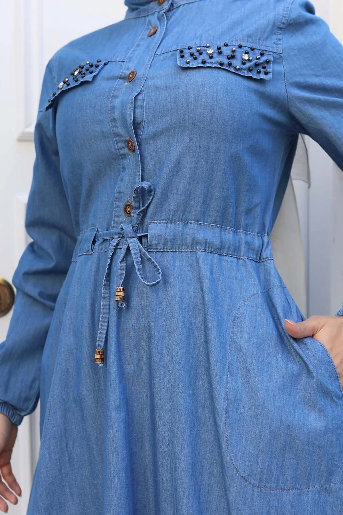 Denim Dress With Stone Detailed Pockets-detail