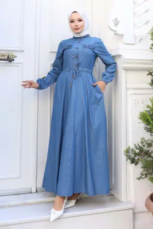 Denim Dress With Stone Detailed Pockets