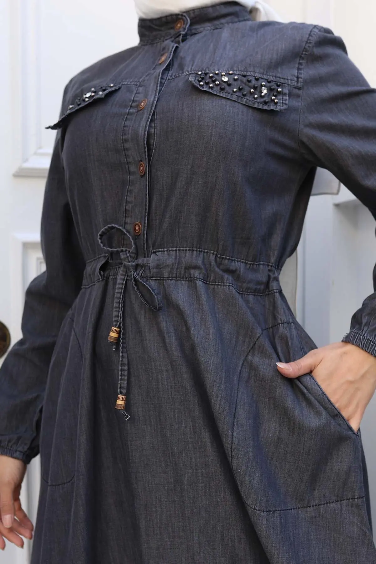Denim Dress With Stone Detailed Pockets-detail