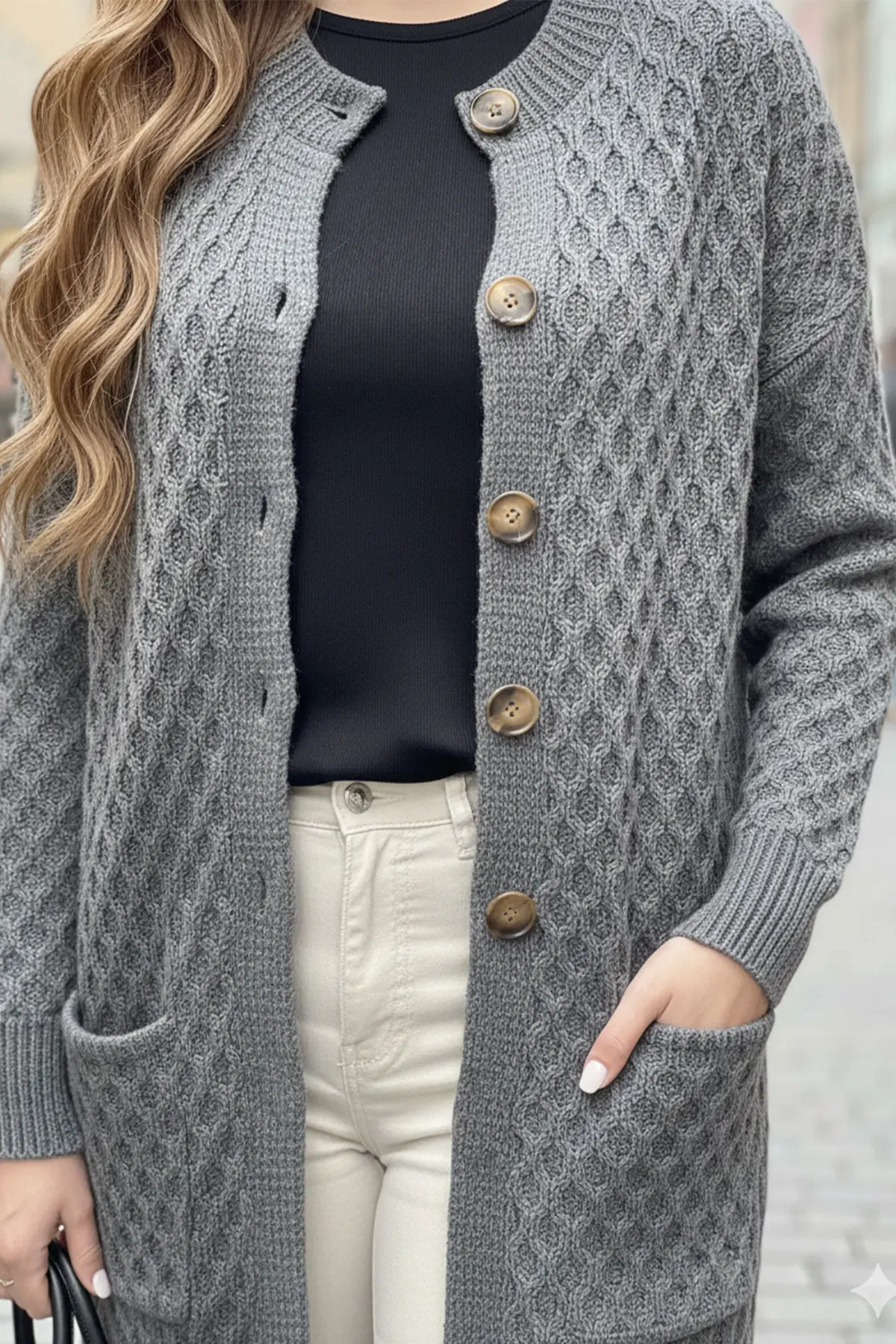Long Patterned Knitted Cardigan With Pockets-detail