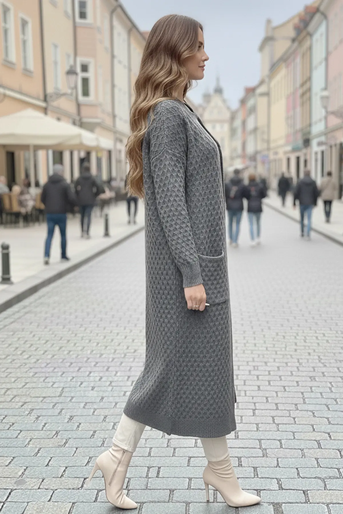 Long Patterned Knitted Cardigan With Pockets-detail