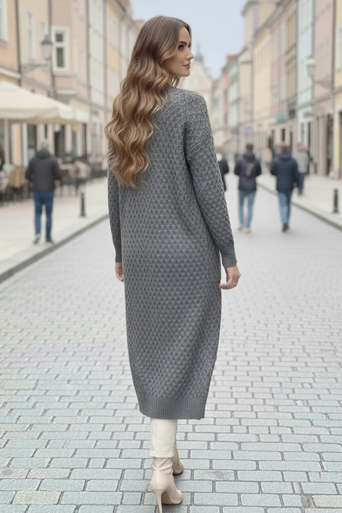 Long Patterned Knitted Cardigan With Pockets-detail