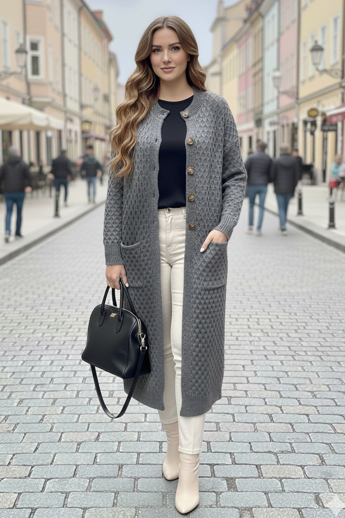 Long Patterned Knitted Cardigan With Pockets
