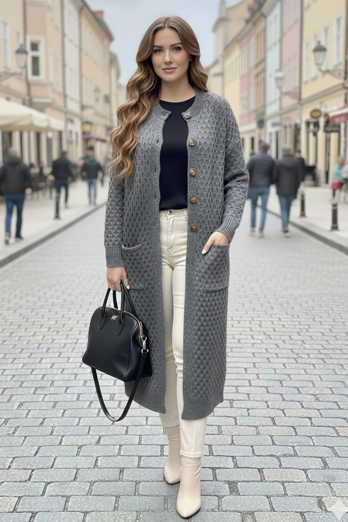 Long Patterned Knitted Cardigan With Pockets