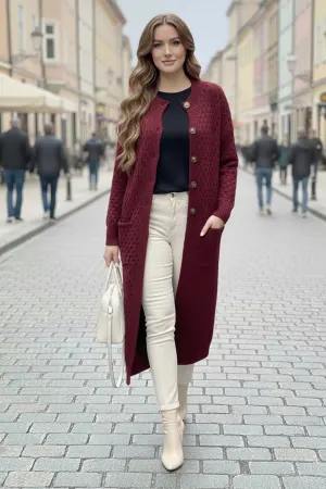 Long Patterned Knitted Cardigan With Pockets