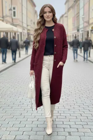 Long Patterned Knitted Cardigan With Pockets