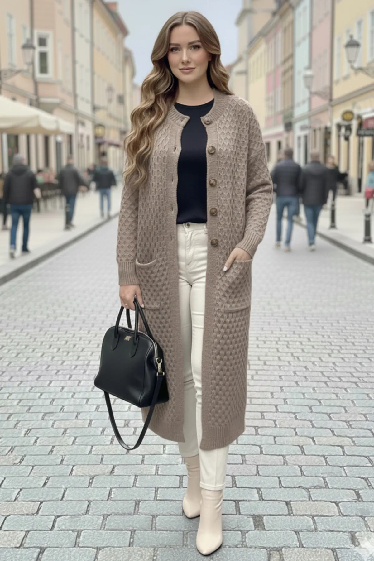 Long Patterned Knitted Cardigan With Pockets