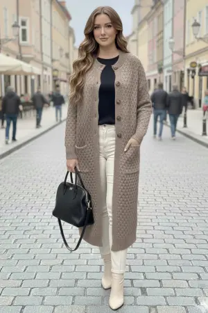 Long Patterned Knitted Cardigan With Pockets