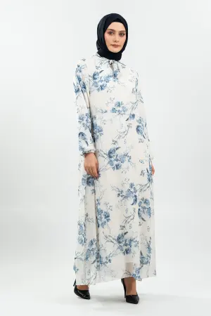 Çiçek Desenli Beyaz Tesettür Elbise