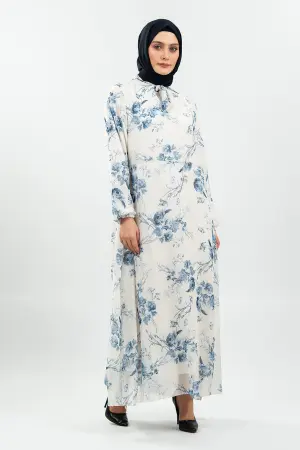 Çiçek Desenli Beyaz Tesettür Elbise