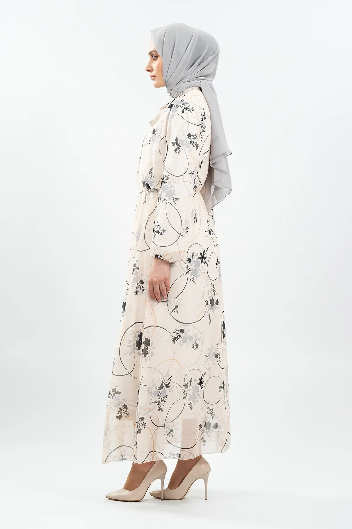 Çiçek Desenli Beyaz Tesettür Elbise-detail