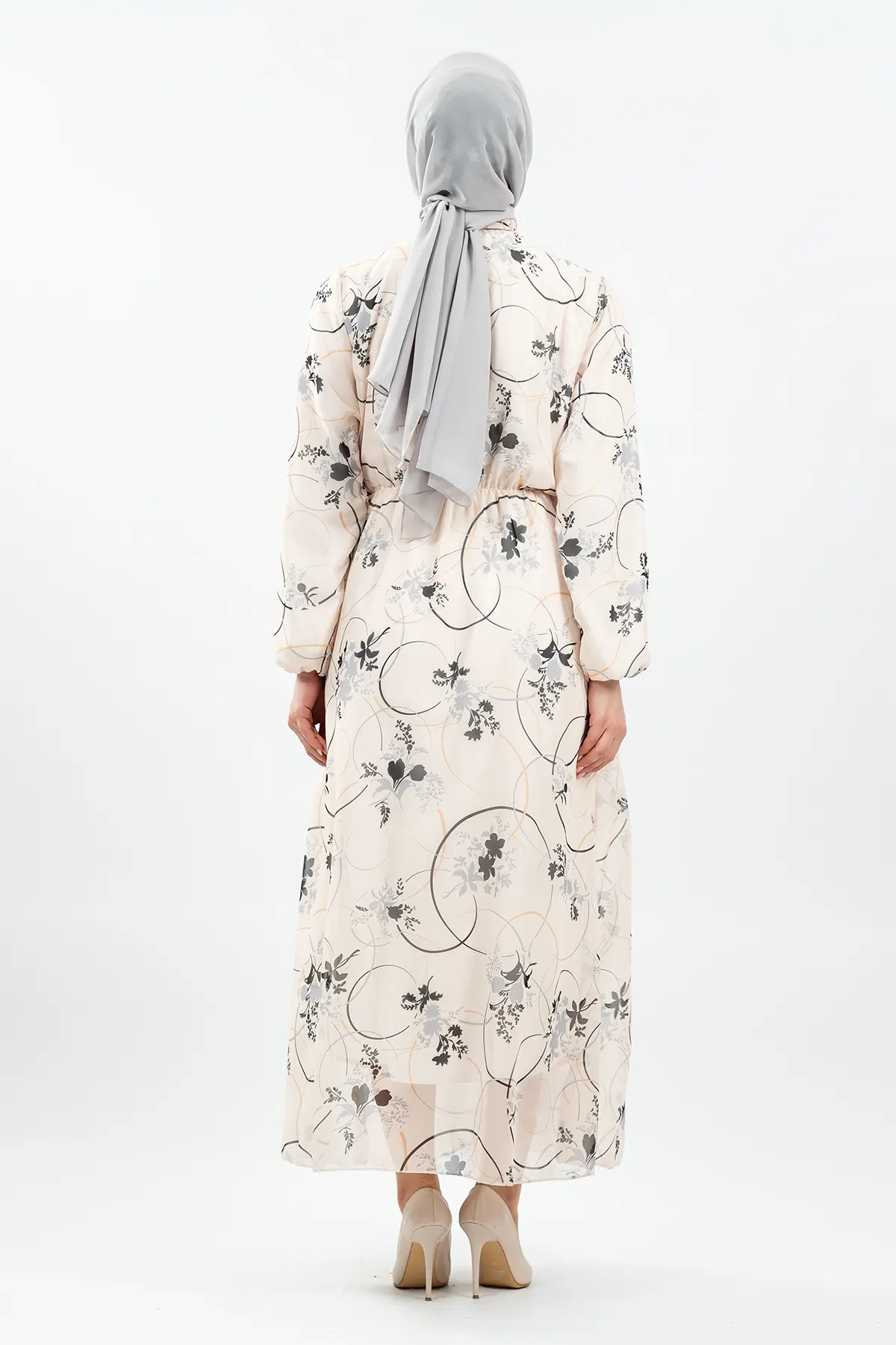 Çiçek Desenli Beyaz Tesettür Elbise-detail