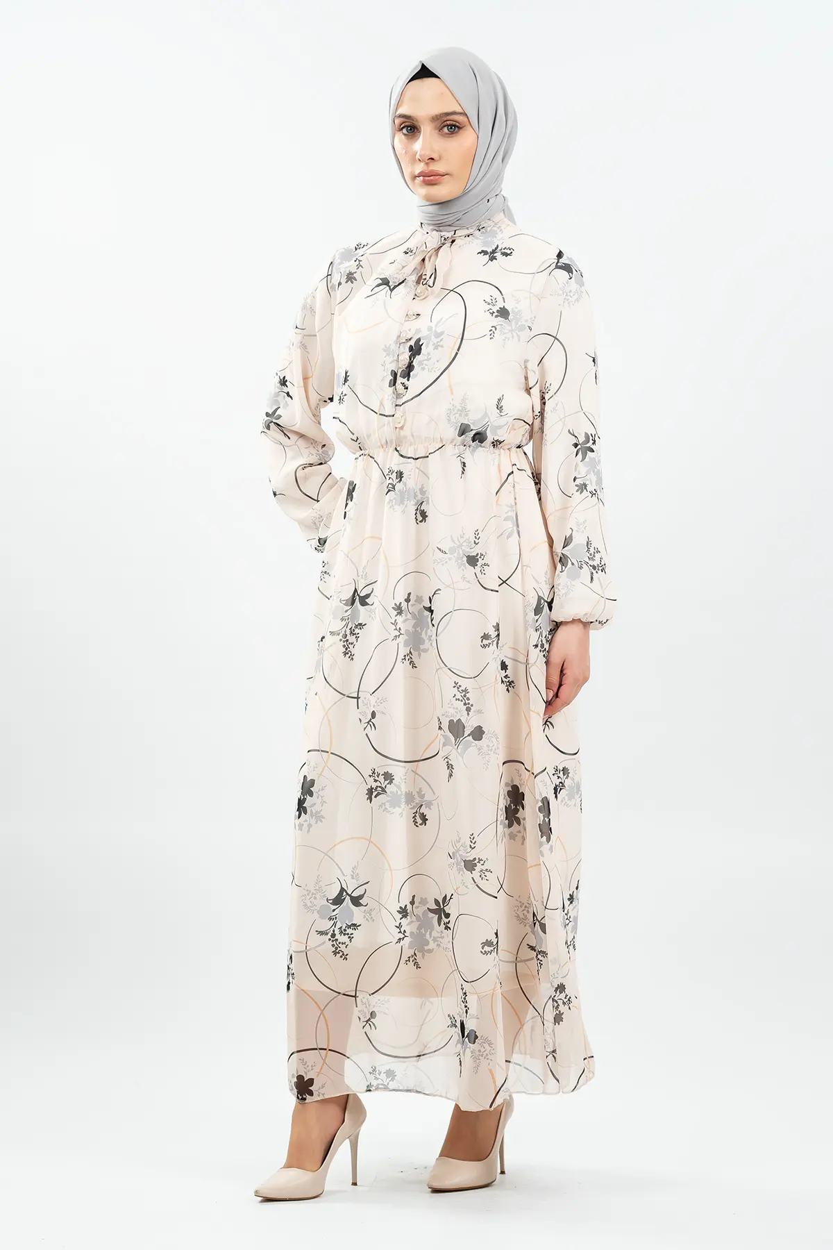 Çiçek Desenli Beyaz Tesettür Elbise-detail