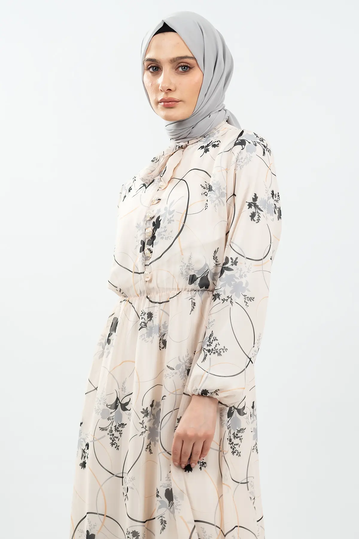 Çiçek Desenli Beyaz Tesettür Elbise-detail